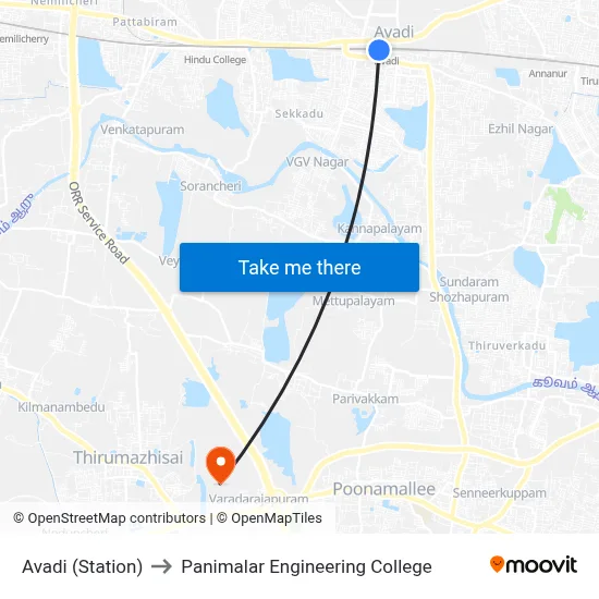 Avadi (Station) to Panimalar Engineering College map