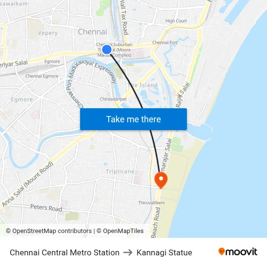 Chennai Central Metro Station to Kannagi Statue map