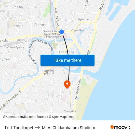 Fort Tondiarpet to M. A. Chidambaram Stadium map