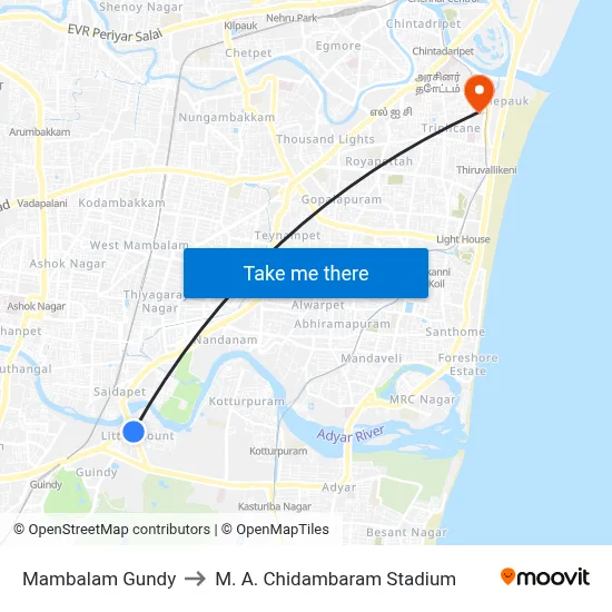 Mambalam Gundy to M. A. Chidambaram Stadium map