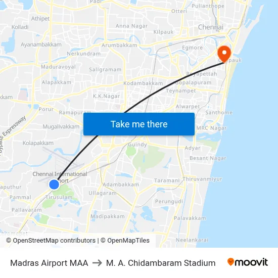 Madras Airport MAA to M. A. Chidambaram Stadium map