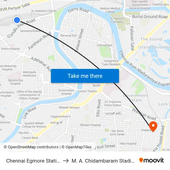 Chennai Egmore Station to M. A. Chidambaram Stadium map
