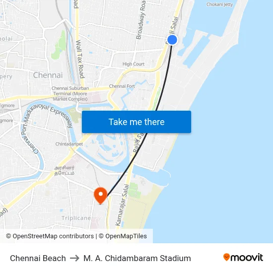 Chennai Beach to M. A. Chidambaram Stadium map