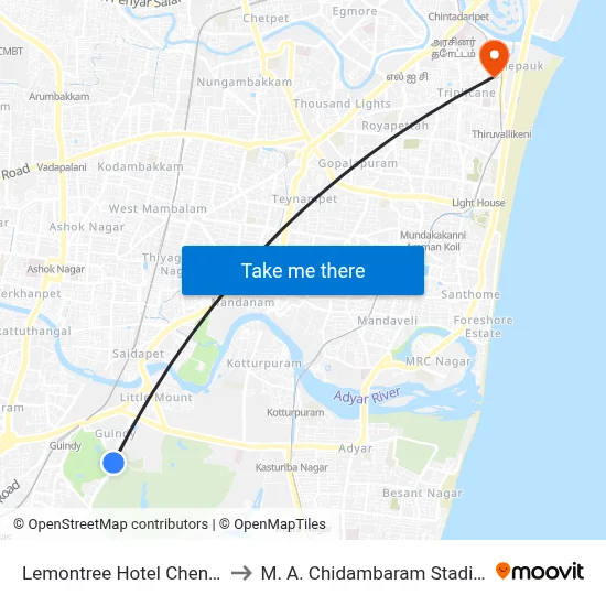 Lemontree Hotel Chennai to एम.ए. चिदंबरम स्टेडियम map