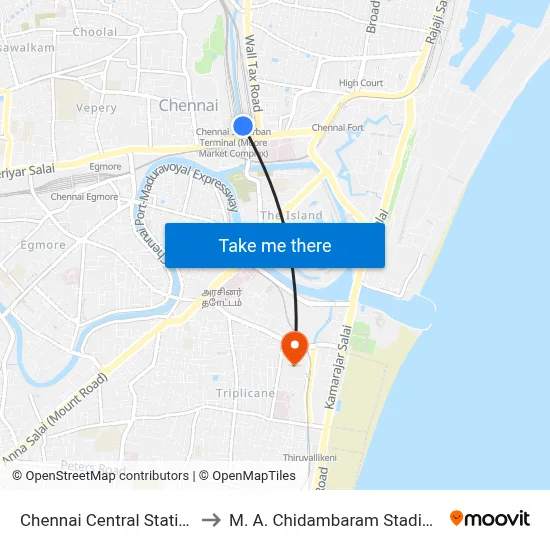 Chennai Central Station to M. A. Chidambaram Stadium map