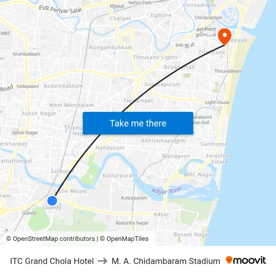 ITC Grand Chola Hotel to M. A. Chidambaram Stadium map