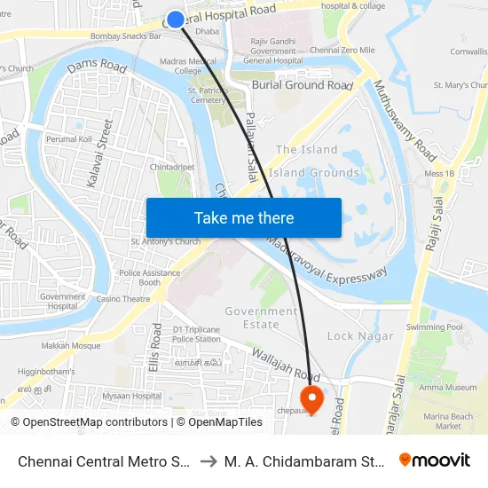 Chennai Central Metro Station to M. A. Chidambaram Stadium map