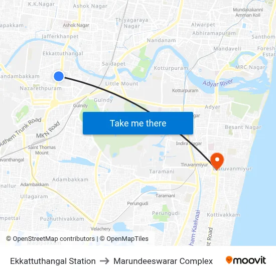 Ekkattuthangal Station to Marundeeswarar Complex map
