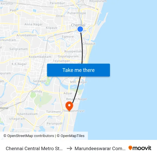 Chennai Central Metro Station to Marundeeswarar Complex map