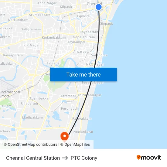 Chennai Central Station to PTC Colony map