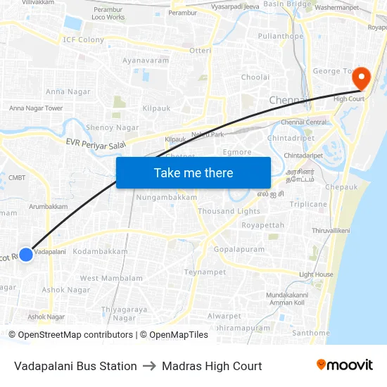 Vadapalani Bus Station to Madras High Court map