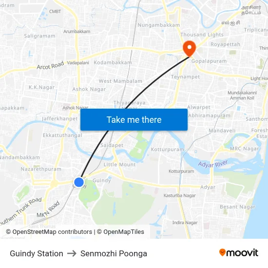 Guindy Station to Senmozhi Poonga map