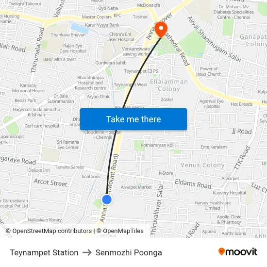 Teynampet Station to Senmozhi Poonga map