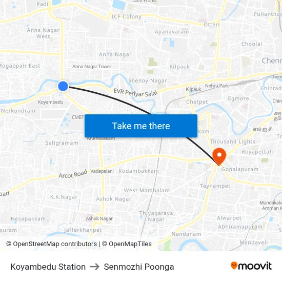 Koyambedu Station to Senmozhi Poonga map
