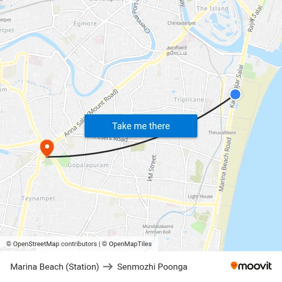 Marina Beach (Station) to Senmozhi Poonga map