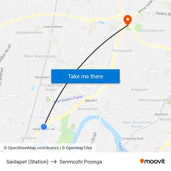Saidapet (Station) to Senmozhi Poonga map