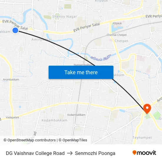 DG Vaishnav College Road to Senmozhi Poonga map
