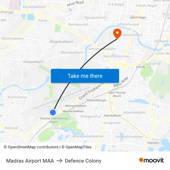 Madras Airport MAA to Defence Colony map
