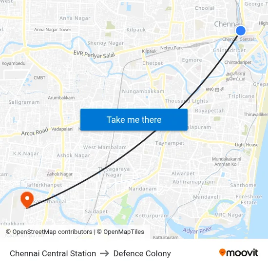 Chennai Central Station to Defence Colony map