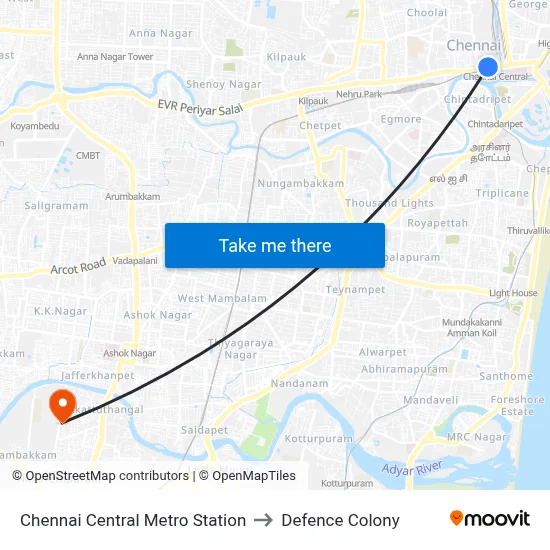 Chennai Central Metro Station to Defence Colony map