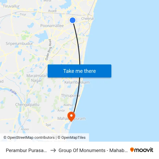 Perambur Purasavakam to Group Of Monuments - Mahabalipuram map