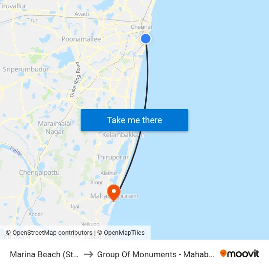 Marina Beach (Station) to Group Of Monuments - Mahabalipuram map