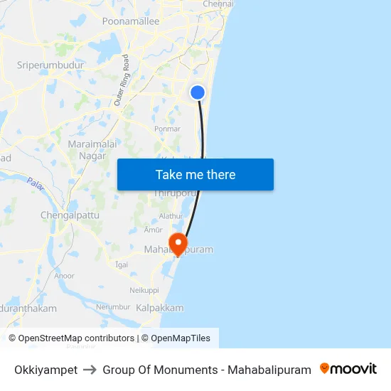 Okkiyampet to Group Of Monuments - Mahabalipuram map