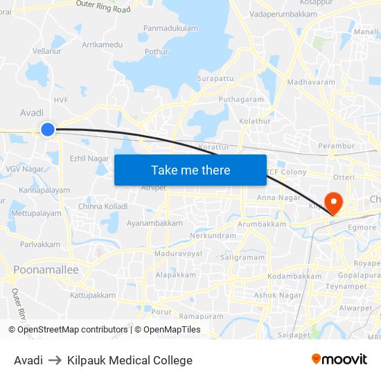 Avadi to Kilpauk Medical College map