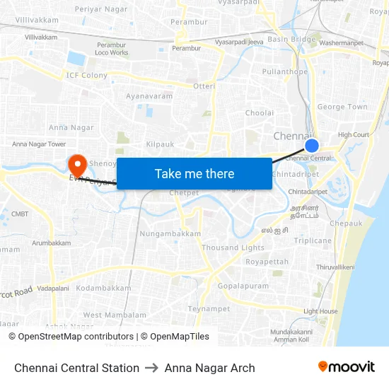 Chennai Central Station to Anna Nagar Arch map