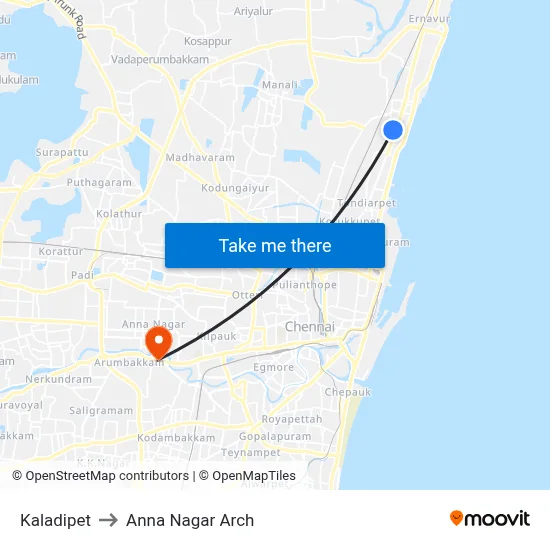 Kaladipet to Anna Nagar Arch map
