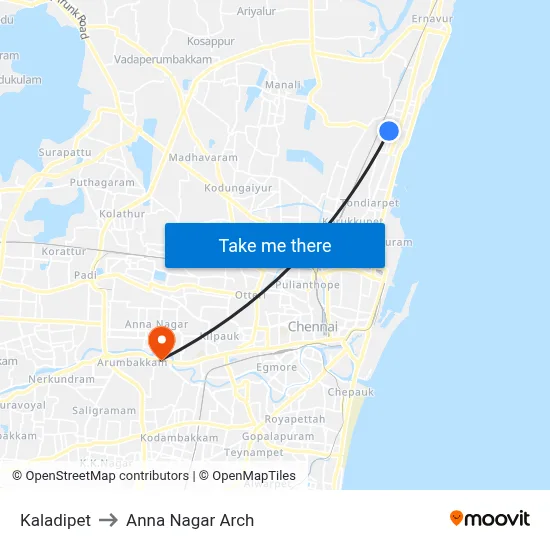 Kaladipet to Anna Nagar Arch map