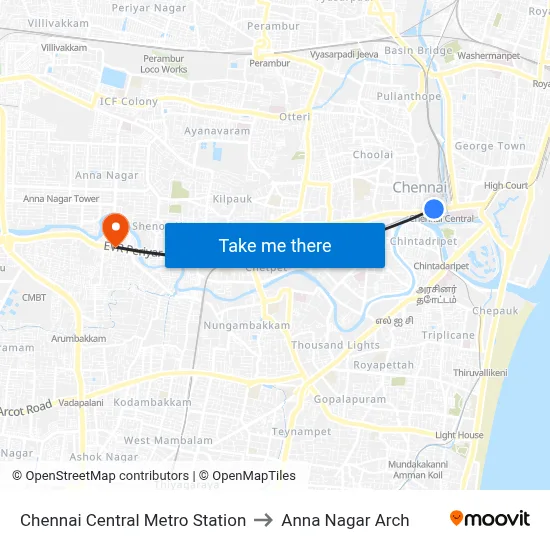Chennai Central Metro Station to Anna Nagar Arch map