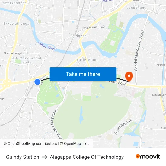 Guindy Station to Alagappa College Of Technology map