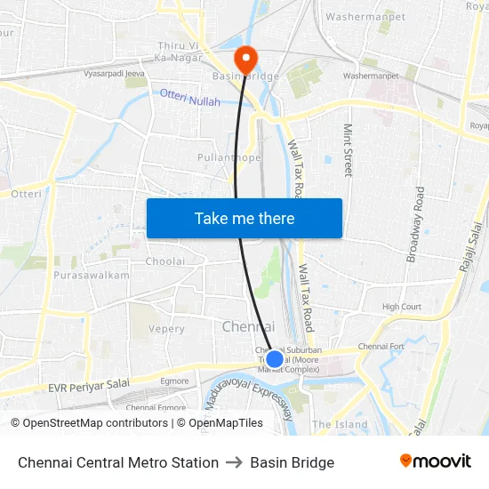 Chennai Central Metro Station to Basin Bridge map