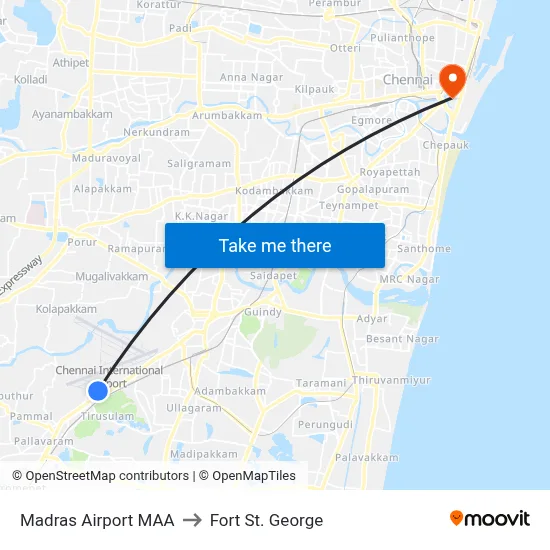 Madras Airport MAA to Fort St. George map
