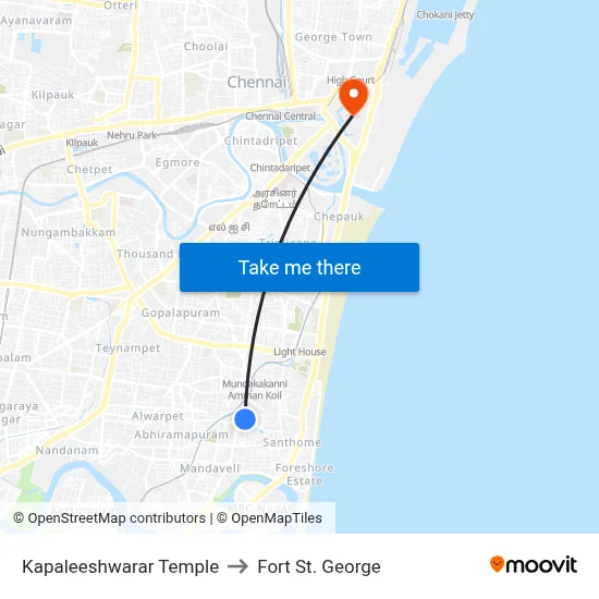Kapaleeshwarar Temple to Fort St. George map