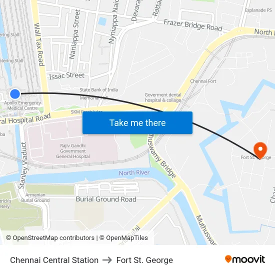 Chennai Central Station to Fort St. George map