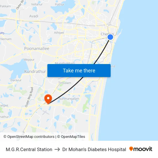 M.G.R.Central Station to Dr Mohan's Diabetes Hospital map