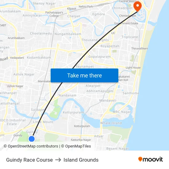 Guindy Race Course to Island Grounds map