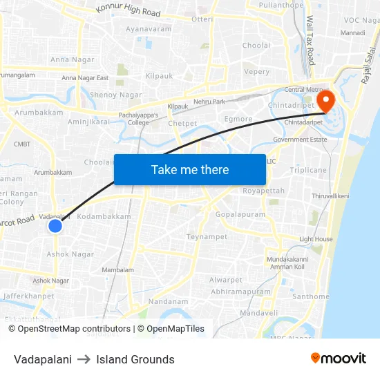 Vadapalani to Island Grounds map