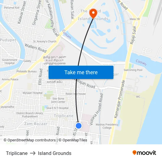 Triplicane to Island Grounds map