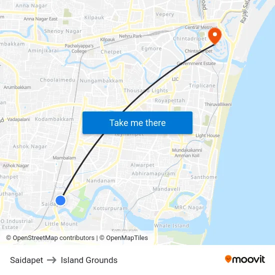 Saidapet to Island Grounds map