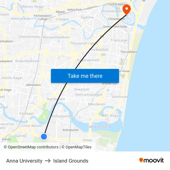 Anna University to Island Grounds map