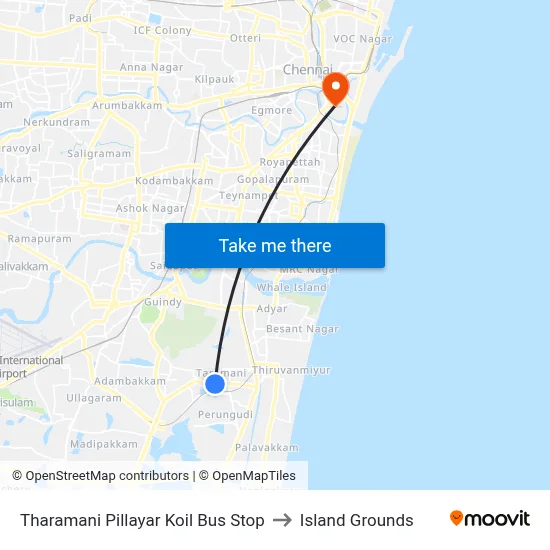 Tharamani Pillayar Koil Bus Stop to Island Grounds map