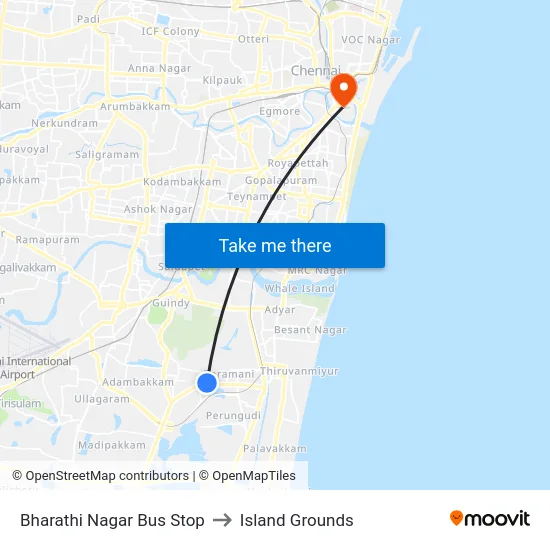 Bharathi Nagar Bus Stop to Island Grounds map