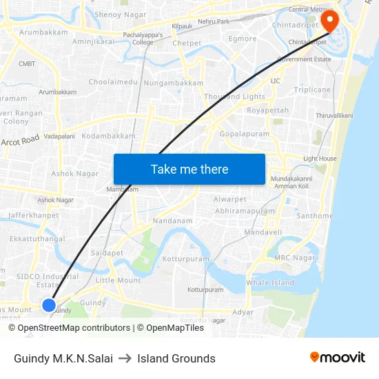 Guindy M.K.N.Salai to Island Grounds map