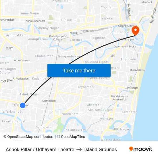 Ashok Pillar / Udhayam Theatre to Island Grounds map