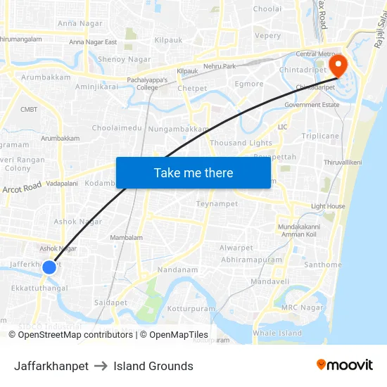 Jaffarkhanpet to Island Grounds map