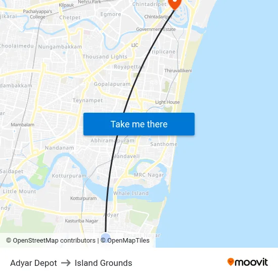 Adyar Depot to Island Grounds map
