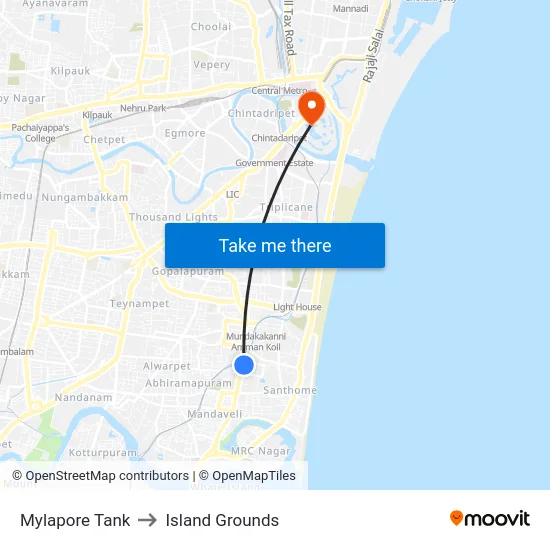 Mylapore Tank to Island Grounds map